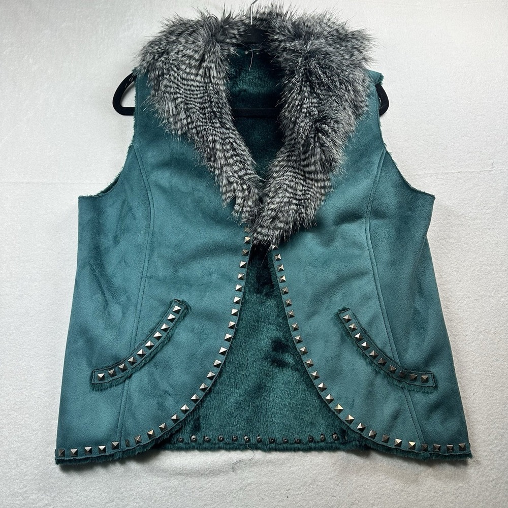 Montanaco Vest Womens L Olive Green Faux Suede Fur Collar Western Open‎ Front